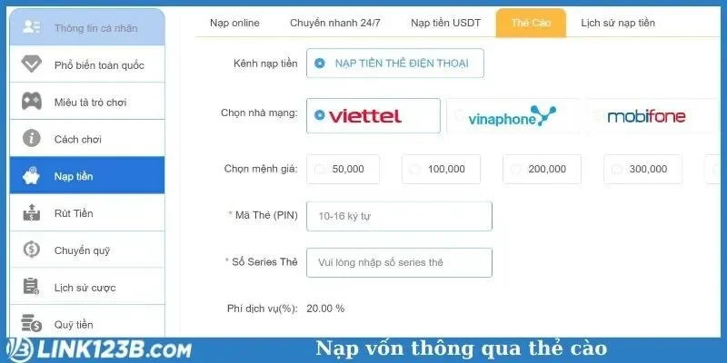 Nạp vốn thông qua thẻ cào